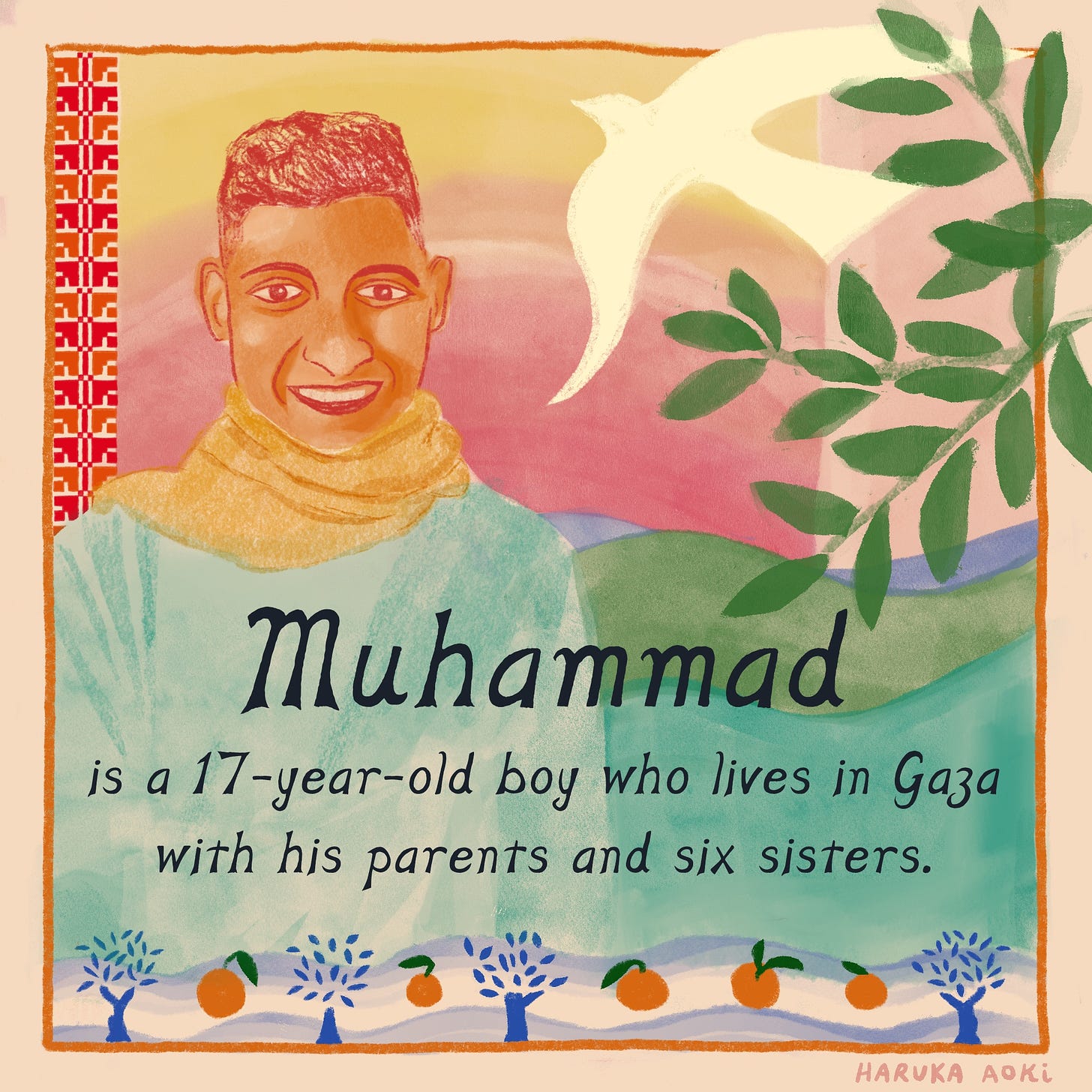 The first panel of a comic showing a portrait of Muhammad, a Palestinian boy. There are illustrations of an olive branch, flying dove, hills, oranges, olive trees, and tatreez surrounding him.