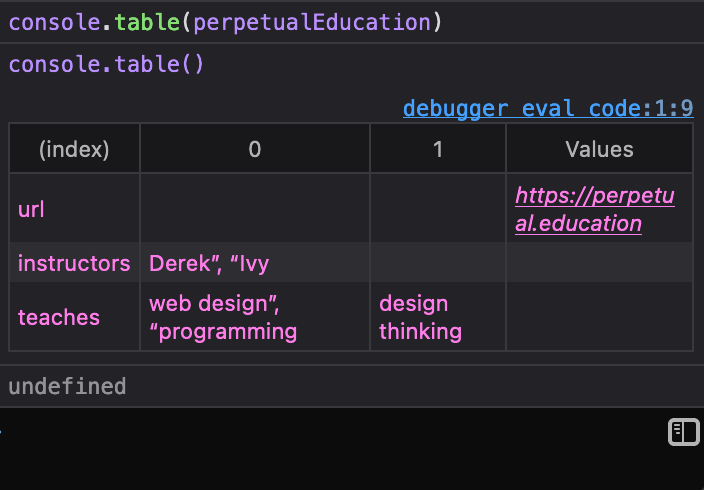 The browser console showing data formatted as a table