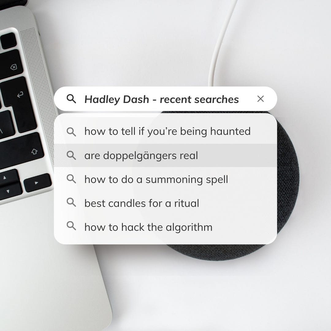 Search bar graphic reading "how to tell if you're being haunted? Are doppelgangers real? How to do a summoning spell, best candles for a ritual, and how to hack the algorithm"