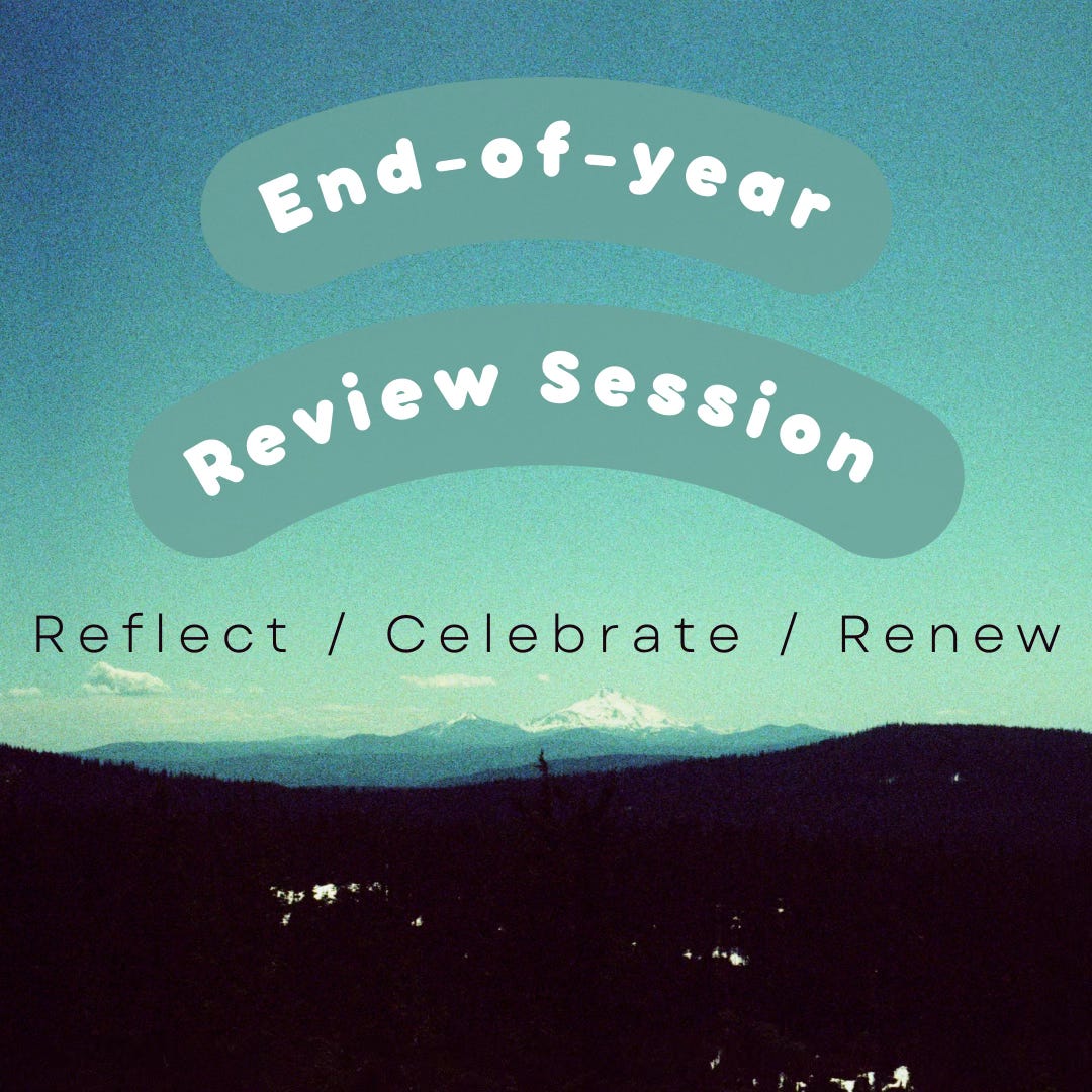 A film photo of a bright blue sky, with text that reads: "End-of-year Review Sessions: Reflect. Celebrate. Renew."