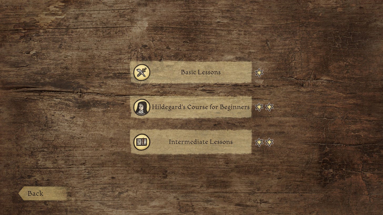 A screenshot of the game Inkulinati, showing the tutorial lessons: Basic Lessons, Hildegard's Course for Beginners, and Intermediate Lessons, all completed with two stars.