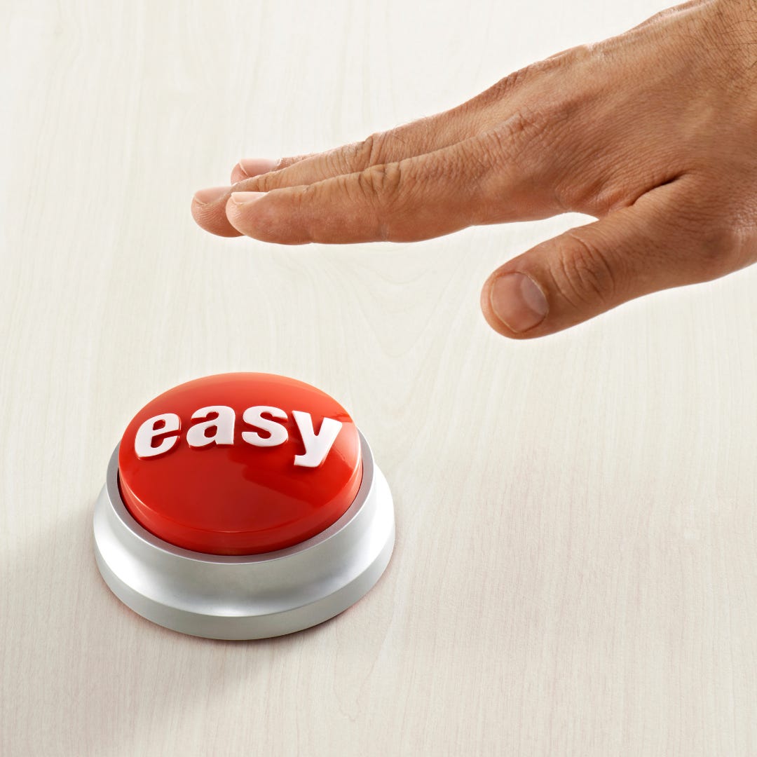 a hand reaching to press a red button labeled 'easy'