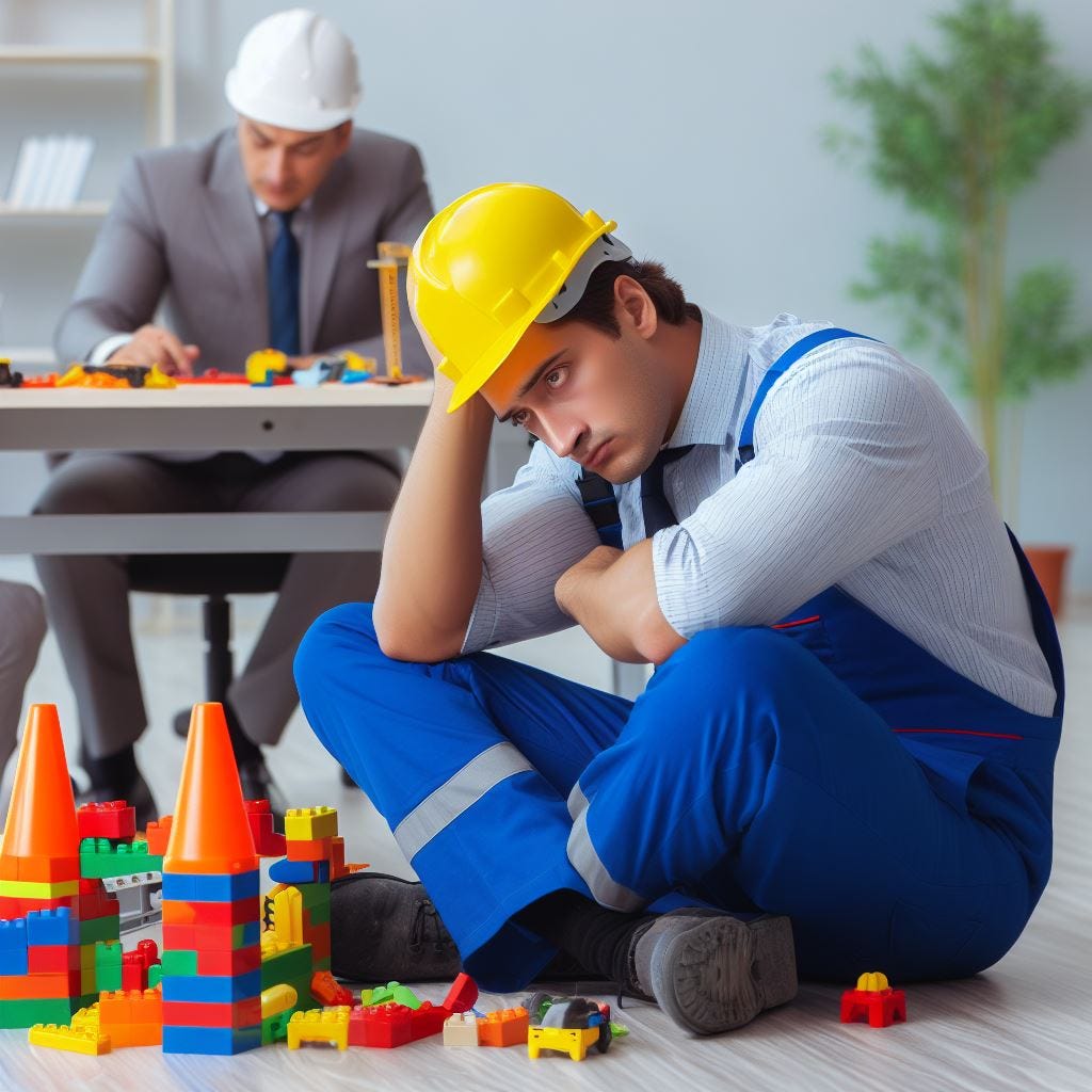 depressed off people building with toy bricks wearing the workman gear