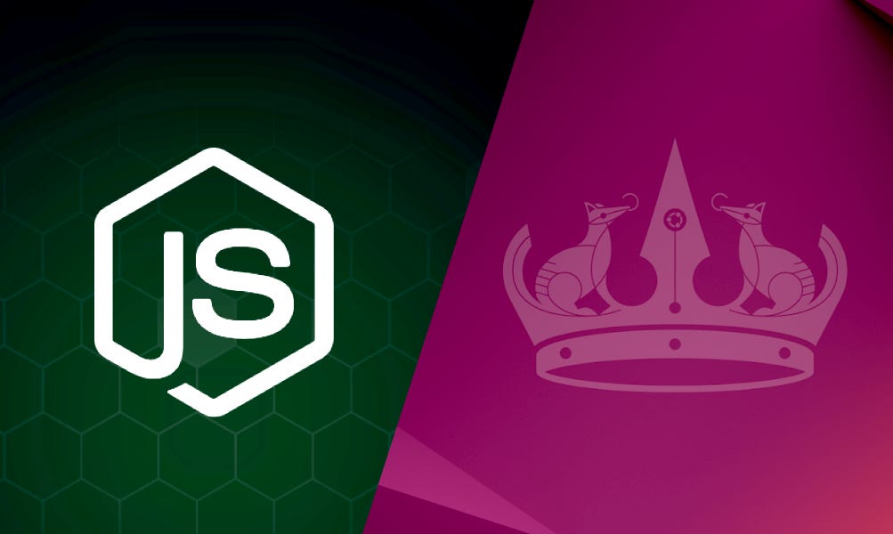 Imagem mostra o logo do Node.js à esquerda (com a inscrição JS, sendo que o J se estende formando um hexágono em torno da sigla) e o wallpaper do Ubuntu 24.04 LTS à direita (uma coroa com dois "numbat", pequeno animal marsupial da Austrália, que apelida a versão do sistema operacional).