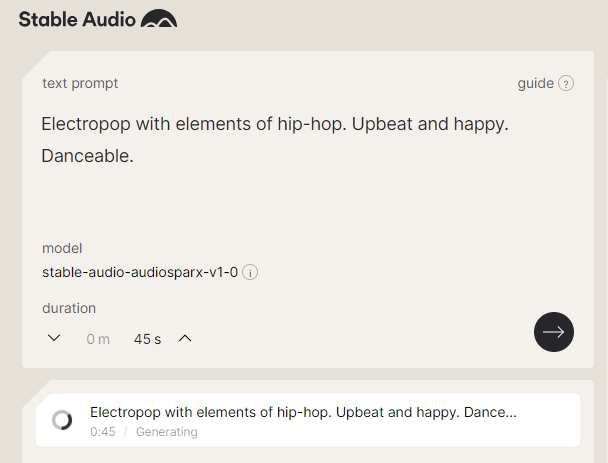 Text prompt: Electropop with elements of hip hop. Upbeat and happy. Danceable. - prompt in Stable Audio