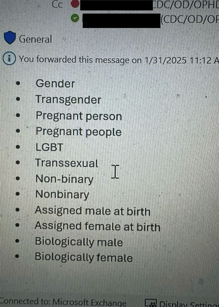 A screenshot of an email sent 01/31/2025 from an inside source listing the forbidden words: “gender, transgender, pregnant person, pregnant people, LGBT, transsexual, non-binary, nonbinary, assigned male at birth, assigned female at birth, biologically male, biologically female." 