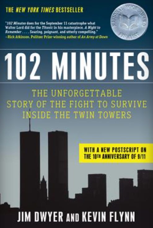 Book cover showing silhouette of NYC with the Twin Towers 