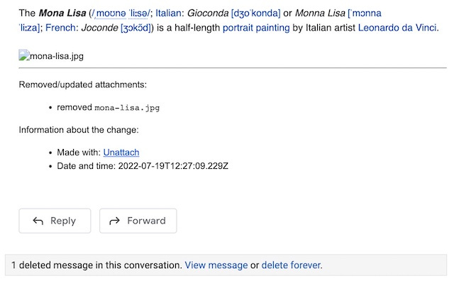 The email with the Mona Lisa attachment removed, as seen in Gmail's web interface.