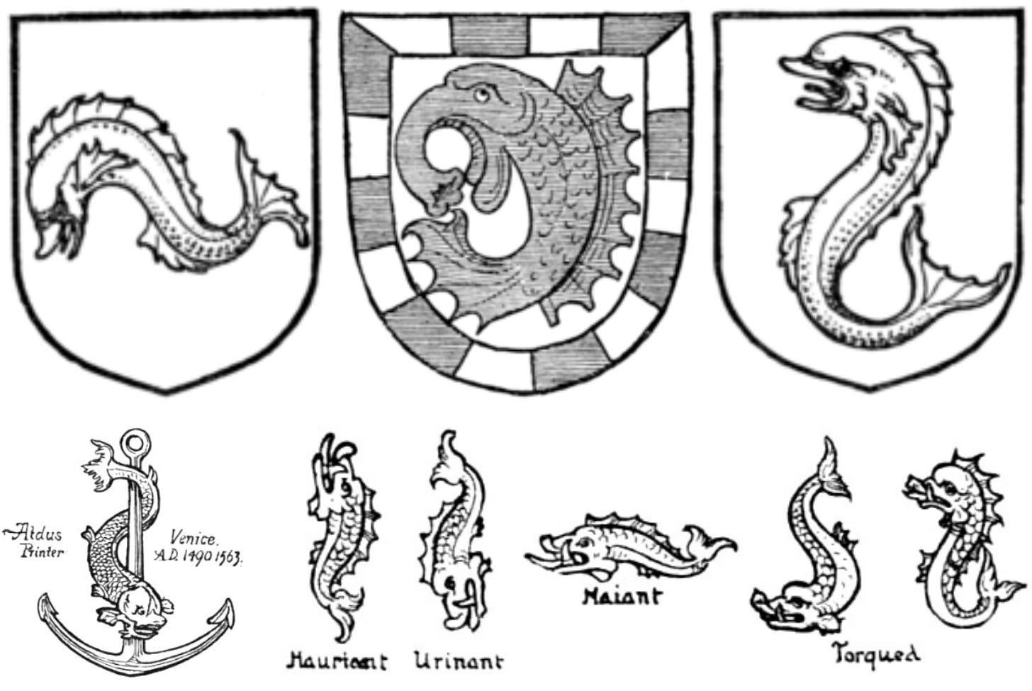 Examples of dolphins as represented in heraldry and family crests.