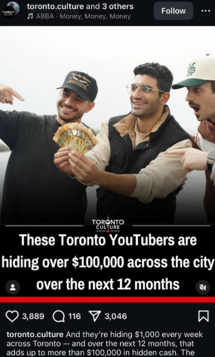 Instagram screenshot of Toronto YouTubers holding cash, promoting a $100,000 citywide giveaway—used in Beating the Tide’s Stride (LRN) stock deep dive to illustrate real-world education gaps and basic math misunderstandings.