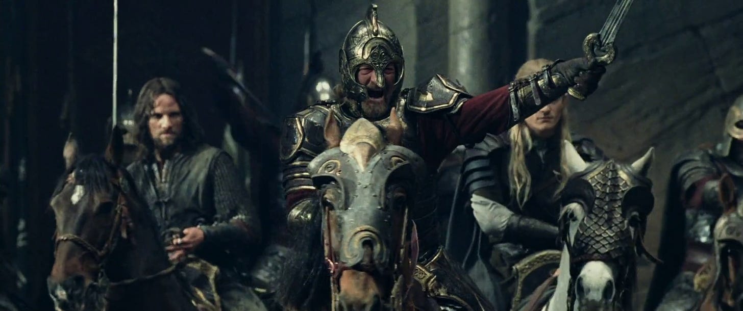 Theoden leading the defenders of Helm's Deep in one final sotrie