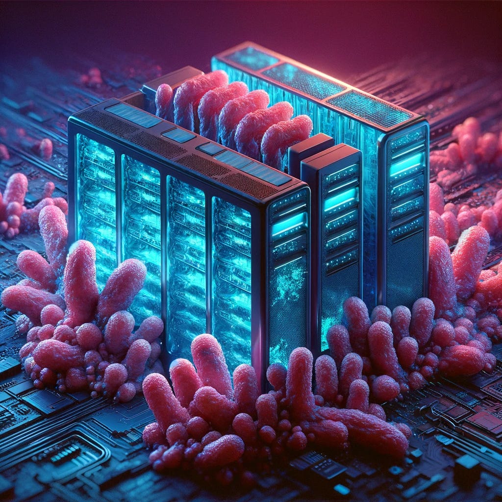 AI-generated digital painting of a glowing blue supercomputer being colonised by a bacterial lifeform.