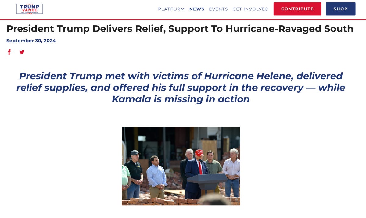 Trump campaign boasts of "delivered relief supplies" while attacking Kamala Harris 