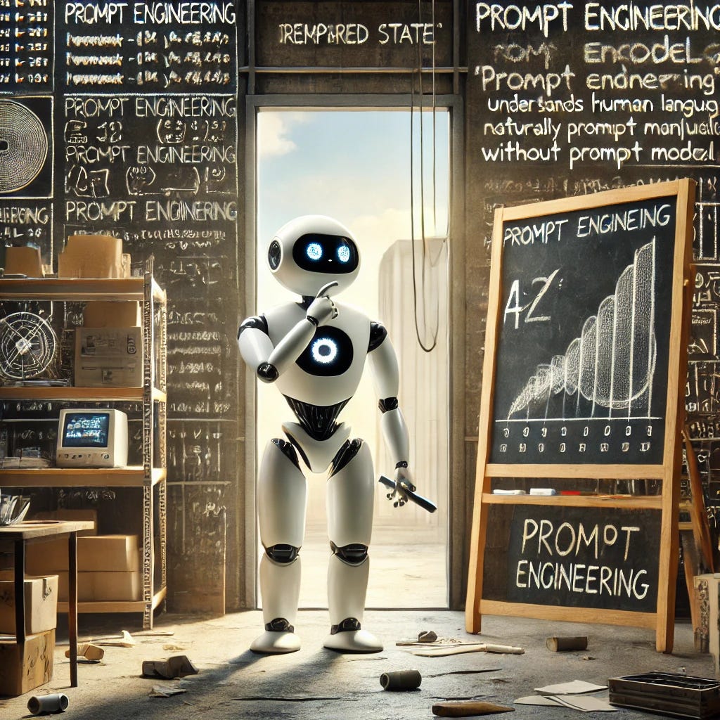 A visually engaging concept illustration that portrays the temporary nature of 'hacks' in technology, focusing on prompt engineering as a workaround in AI language models. The scene shows a robot, resembling a large language model, standing in front of a chalkboard covered in hastily written prompts and equations. The robot holds a piece of chalk, with an expression that suggests it's contemplating a problem. Behind the robot, there’s an open door leading to a futuristic room, symbolizing the 'desired state' where AI understands human language naturally without prompt manipulation. In the foreground, the robot's chalkboard has the words 'Prompt Engineering' crossed out, and the robot is looking towards the open door with hope. The background conveys a sense of transition, from a cluttered and messy workshop towards a sleek, modern, and minimalist AI lab. The overall tone is optimistic, showing movement from hacks to innovation.