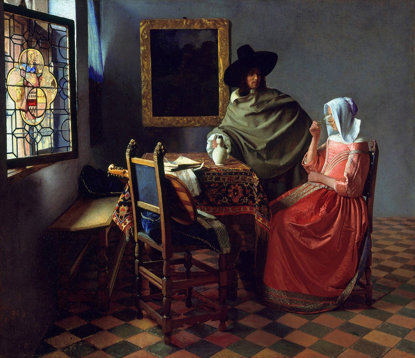 Vermeer's The Wine Glass, a meticulous, warm and highly realistic painting of everyday life, as significant departure from dominant church sponsored religious themes.