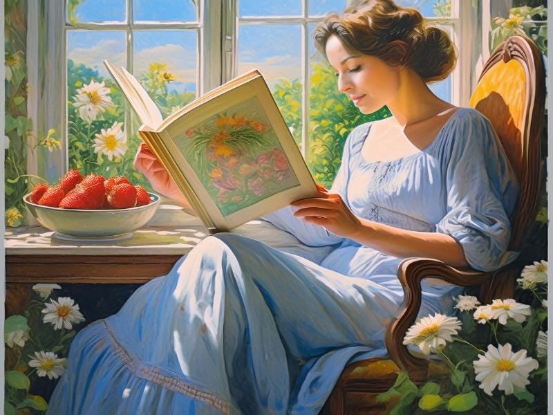 Woman sitting in front of sunny window reading a book with bowl of nearby strawberries.