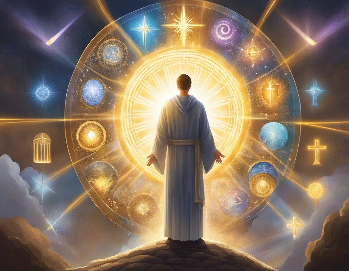 A radiant light shines down on a figure, surrounded by symbols of grace and faith, as they stand in the presence of God