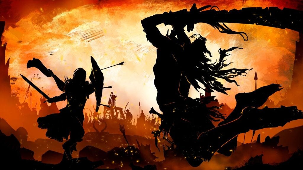 Battle scene silhouette with blazing background