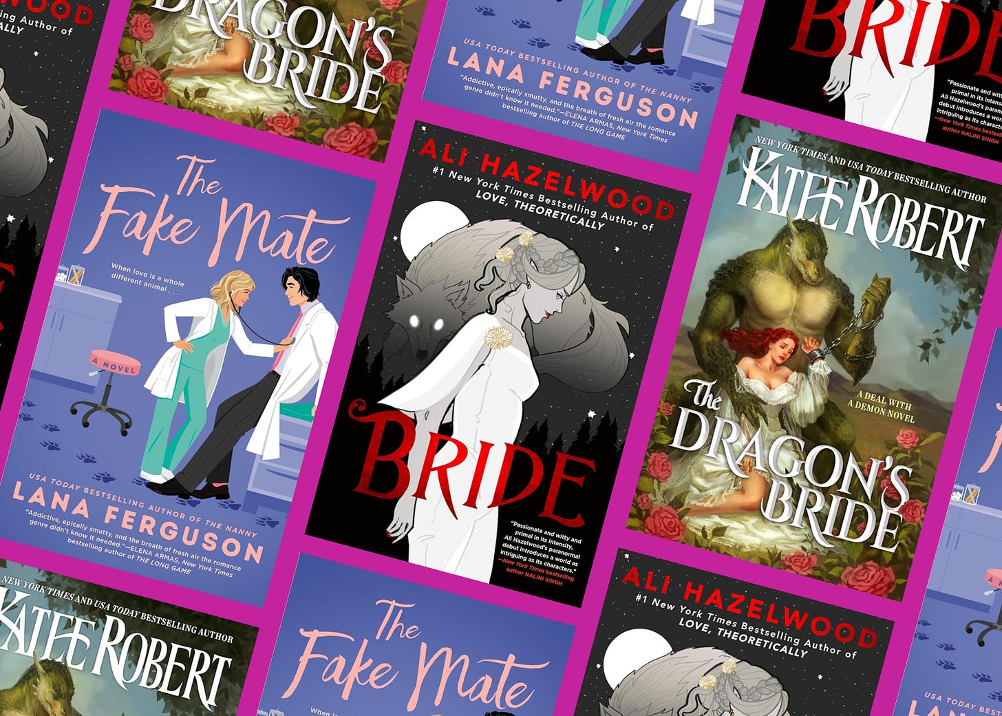 A collage of book covers: The Fake Mate by Lana Ferguson, Bride by Ali Hazelwood, and The Dragon's Bride by Katee Robert.