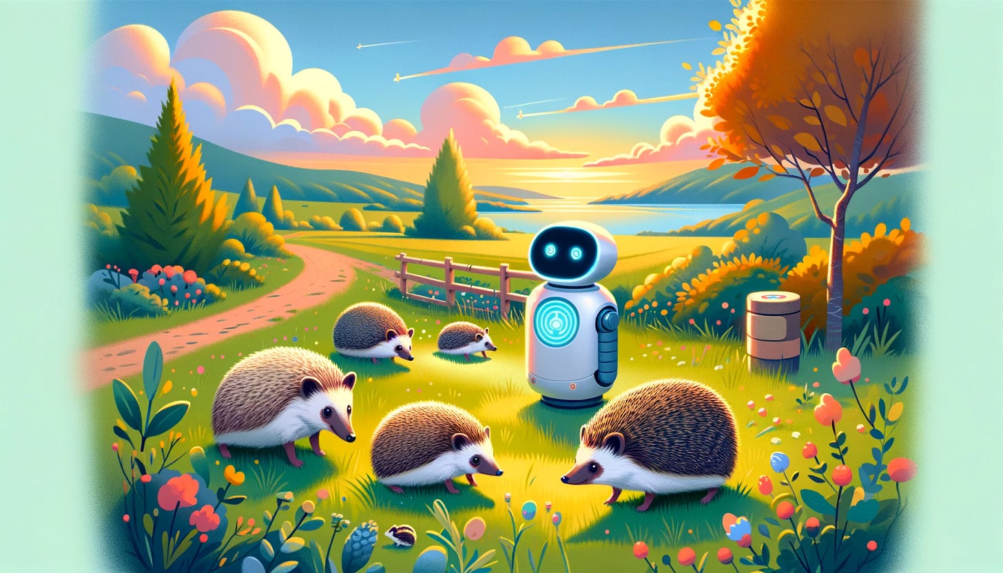 Create a colourful and heartwarming landscape-oriented image illustrating the concept of AI technology being used to track hedgehog populations in the UK, as part of a pioneering project aimed at understanding the reasons behind their decline. The image should depict friendly robots or AI devices in a natural, outdoor setting, observing and interacting with hedgehogs, symbolizing care and scientific inquiry.