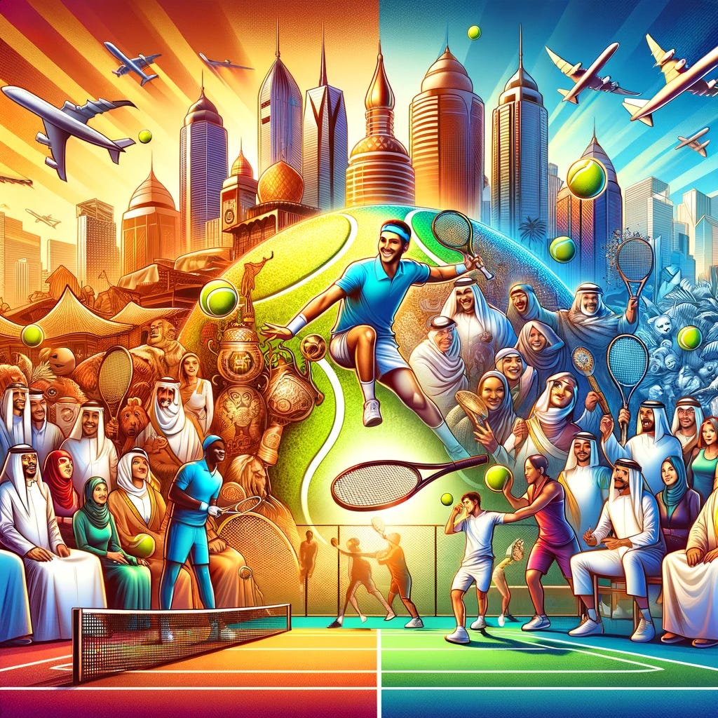 A dynamic and vibrant illustration showing the fusion of Middle Eastern culture with global tennis events. The image should depict iconic symbols of the Middle East such as traditional architecture or palm trees, blended seamlessly with elements of tennis such as a tennis court, rackets, and balls. In the foreground, a diverse group of people, representing both Middle Eastern investors in traditional attire and international tennis players in sportswear, are engaging in a friendly tennis match. The background should feature a skyline that combines modern skyscrapers and historic Middle Eastern buildings, symbolizing the blend of tradition and modernity in these new sporting investments. The atmosphere should be festive and welcoming, with a sense of excitement and partnership between cultures.