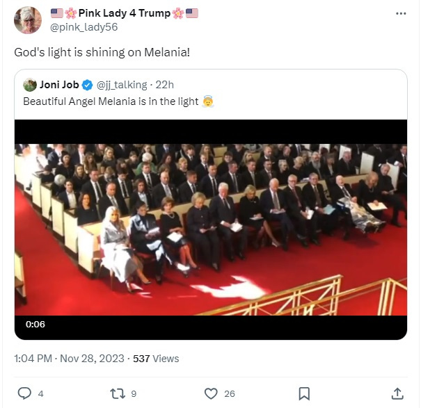 Xitter user 'Pink Lady 4 Trump' says 'God's light is shining on Melania!' in a retweet of another tweet showing sunlight falling on Trump, Obama, and Bush. Text of first tweet: 'Beautiful Angel Melania is in the light 👼' (smiling halo emoji)