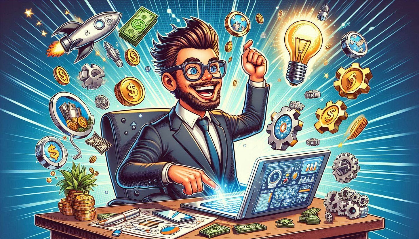 Ilustración caricaturesca, hiperdetallada y al estilo satírica, de un exitoso empresario ejecutivo en una pequeña oficina, usando alegremente ChatGPT en una laptop futurista. A su alrededor, flotan elementos visuales simbólicos: dinero volando, bombillas encendidas (ideas), engranajes en movimiento (automatización) y un cohete despegando (éxito). El personaje luce enérgico y visionario, vestido con un atuendo de negocios moderno y rasgos expresivos. 