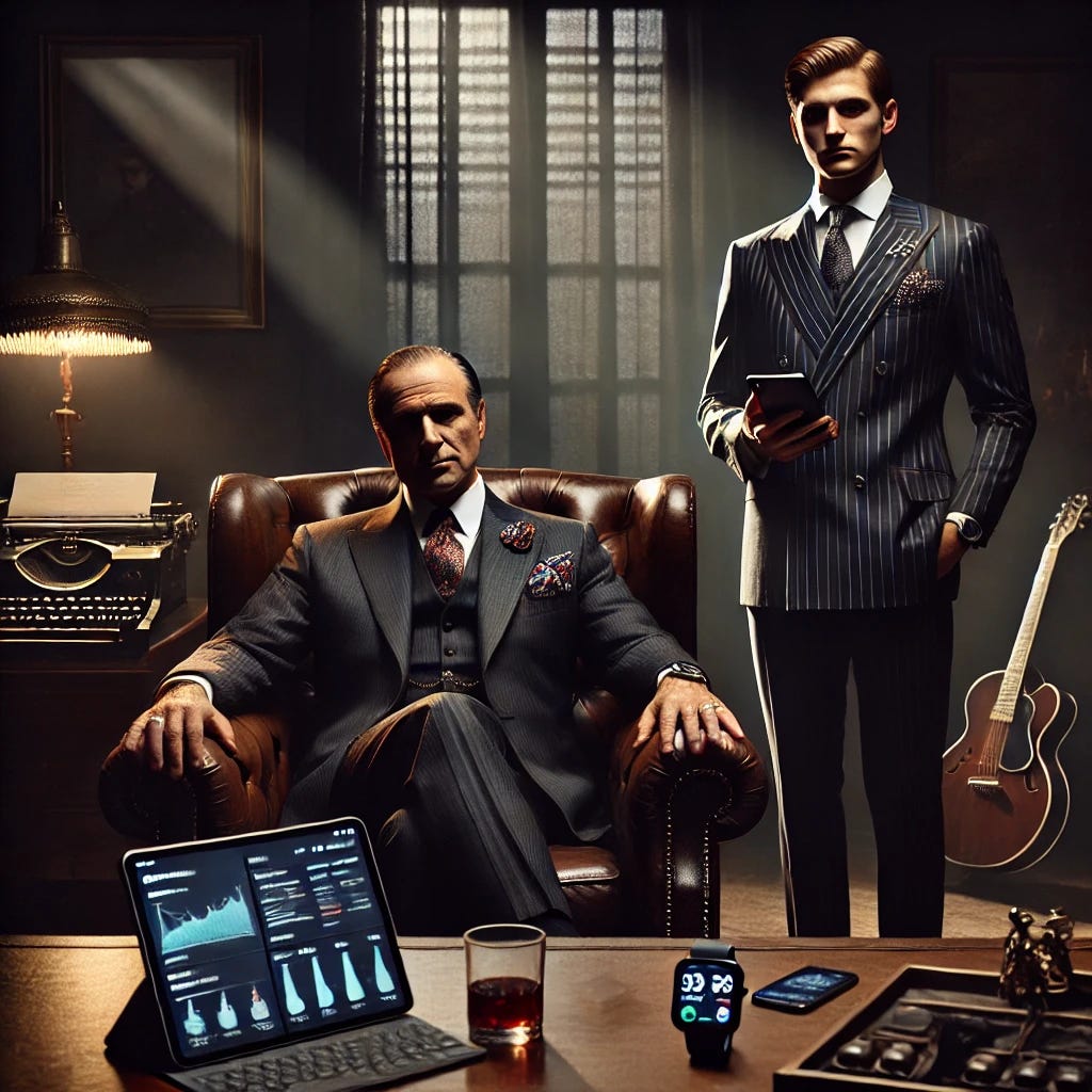 A scene inspired by The Godfather movie, set in a dimly lit, luxurious room with dark wood furniture, leather chairs, and an old-fashioned desk. A creative Godfather figure, an older man with a sophisticated appearance, sits behind the desk in an elegant suit with a colorful pocket square, exuding calm authority. Beside him stands his tech consigliere, a modern, sharp-looking individual dressed in a sleek suit with subtle tech elements like a smartwatch and holding a tablet displaying complex data. The room is softly lit, with shadows adding a sense of mystery and importance, and the tech gadgets emit a faint, cool glow.