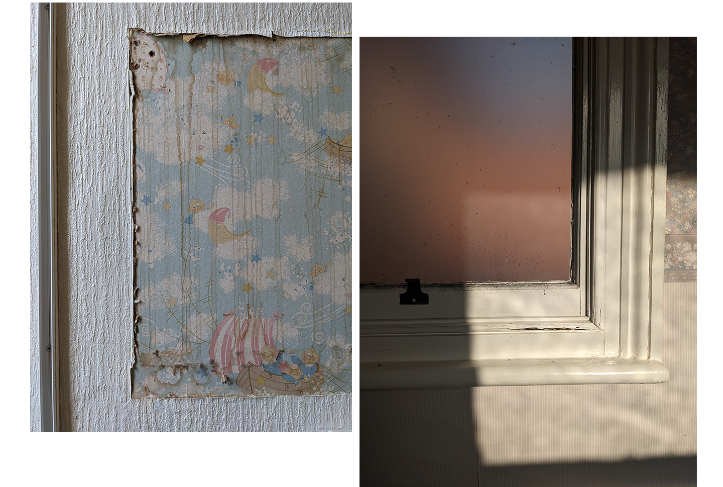 Two colour photos side by side, slightly misaligned, but in a way that aligns the horizontal details in the pictures. Both close-ups of walls of an old building, the left a rectangle of old cartoon wallpaper shows underneath some textured white wallpaper; on the right, a square of light falls against a wood-framed frosted glass window.