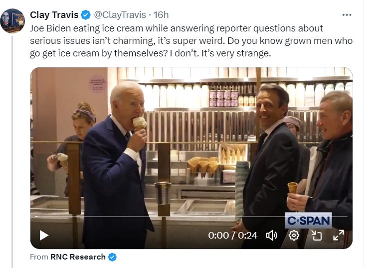 Joe Biden eating ice cream while answering reporter questions about serious issues isn’t charming, it’s super weird. Do you know grown men who go get ice cream by themselves? I don’t. It’s very strange.