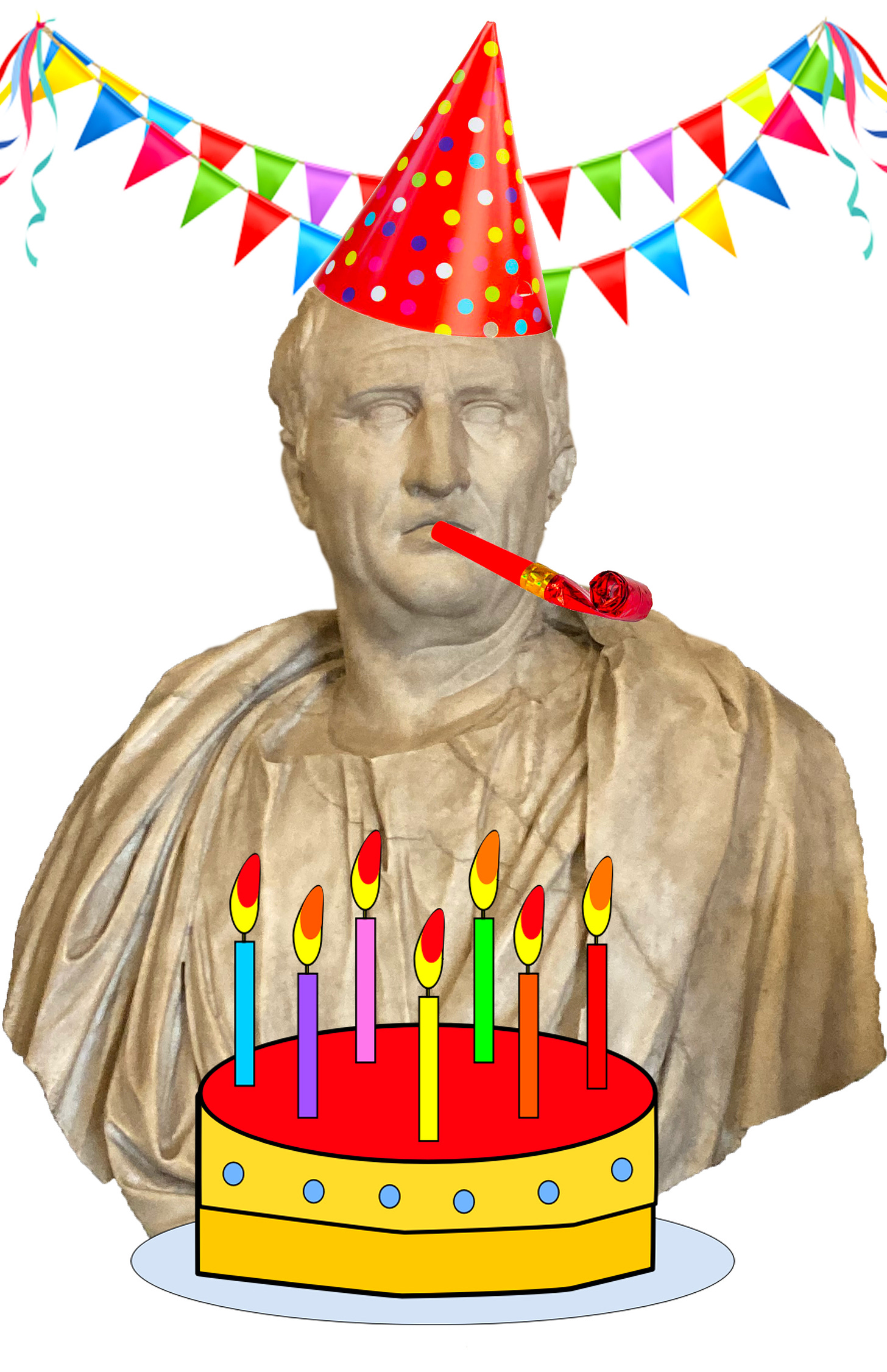 A photo of a bust of Cicero, badly photoshopped so that he is wearing a colourful party hat and blowing a party horn. There is a cartoon clip art birthday cake in front of him and rainbow bunting in the background.