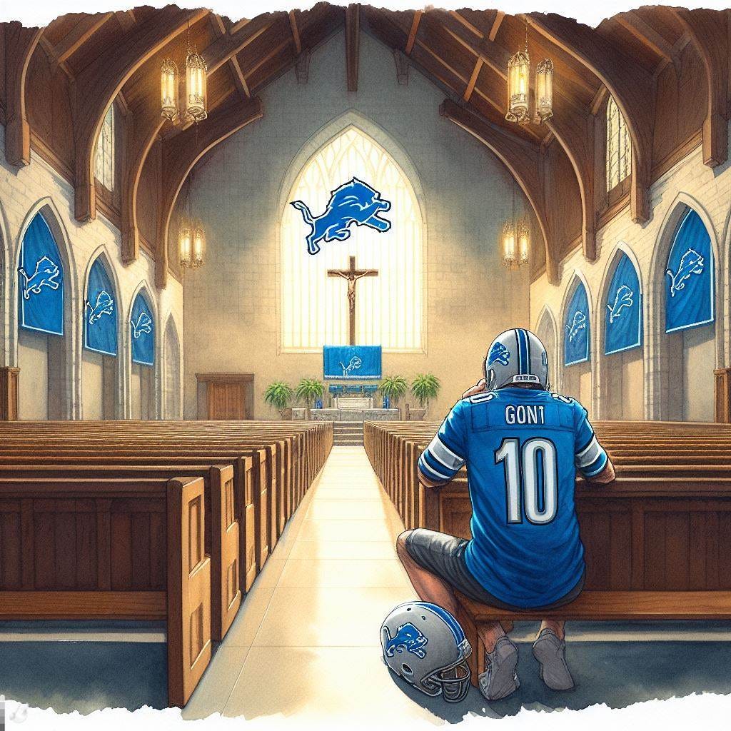A Detroit Lions fan praying in chapel with no one around him, watercolor