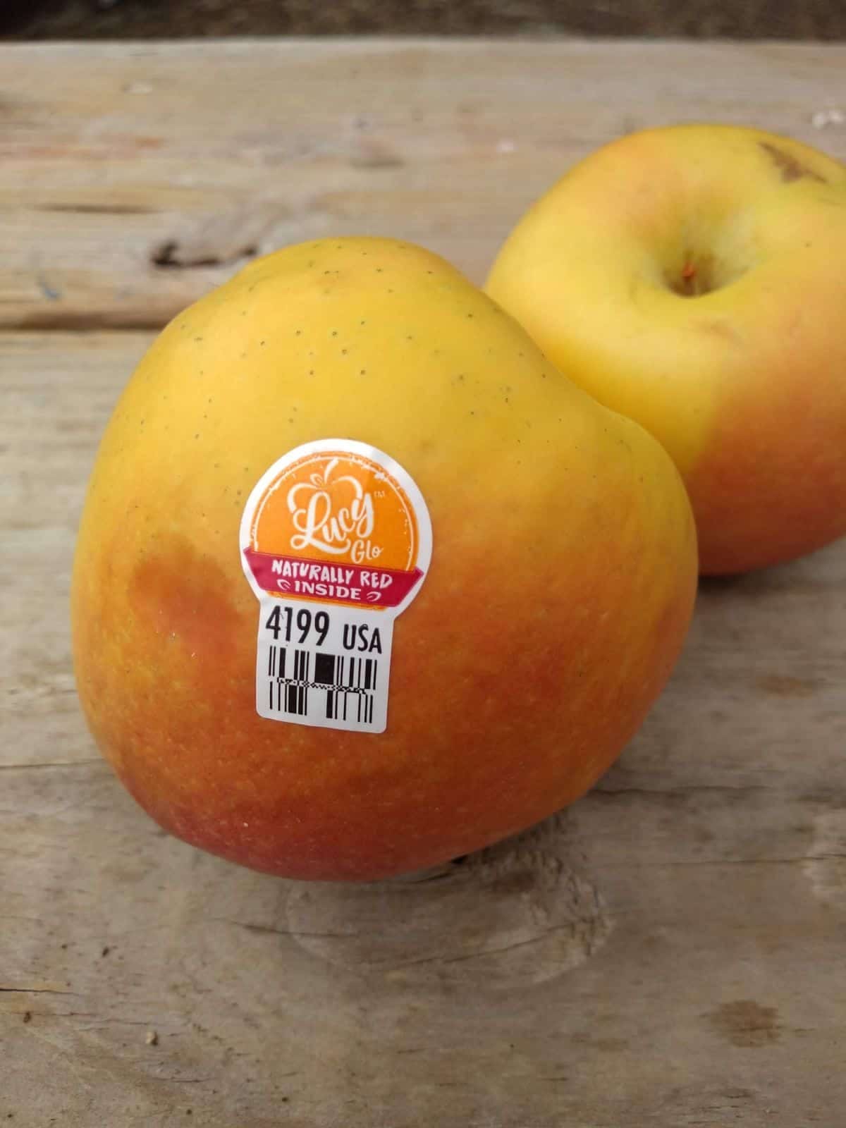 Lucy Glo apples on a wood picnic table.