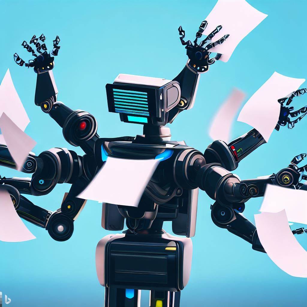 a robot with multiple hands cannot hold a pile of notes, notes flying around