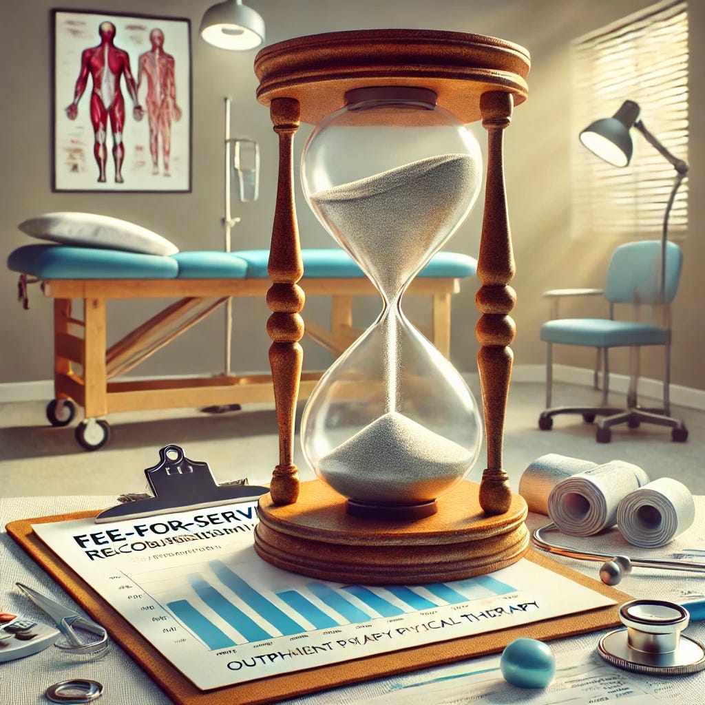 A conceptual illustration symbolizing that time is running out for the fee-for-service reimbursement model in outpatient physical therapy. The image features an old-fashioned hourglass with sand almost fully drained, placed on a physical therapy treatment table. Around the hourglass are scattered medical tools, patient charts, and a clipboard with declining financial graphs, representing the fragility and diminishing viability of the current model. The setting is a modern outpatient clinic with soft lighting and a tense atmosphere. Highly detailed, professional digital artwork.