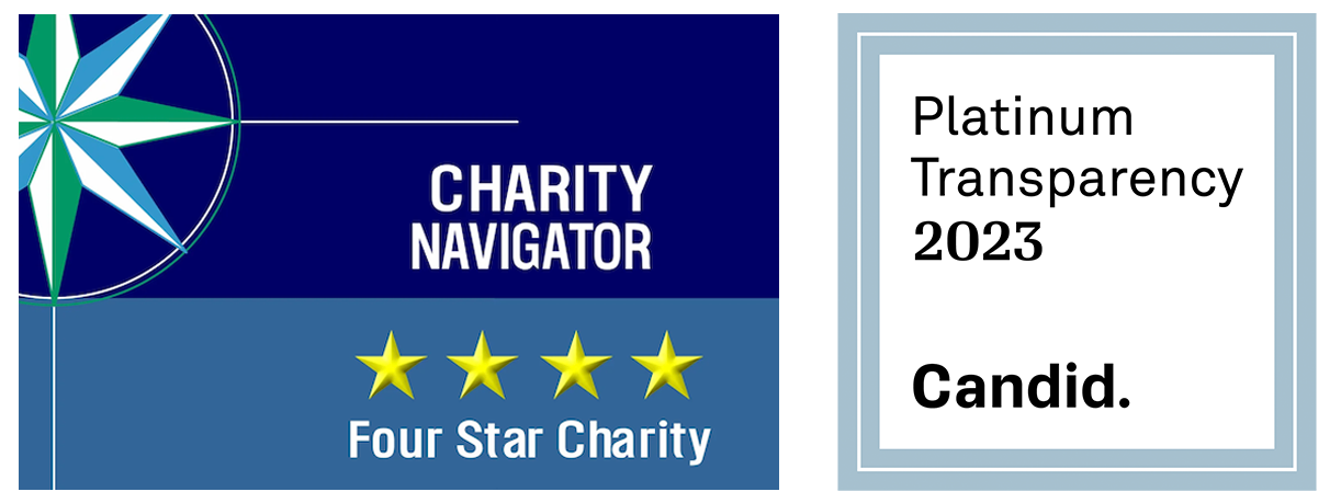 Charity Navigator Four Star emblem and Candid Platinum emblem