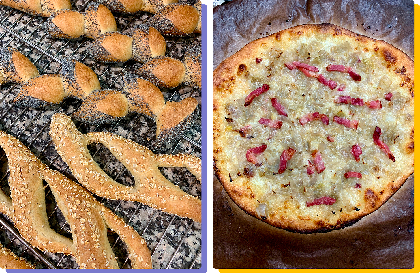 Photos of oat and poppy seed baguettes and tarte flambée