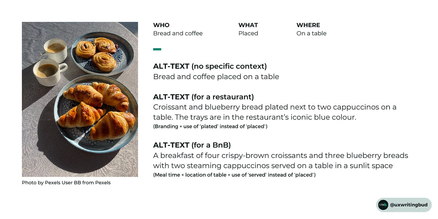 As per the alt-text string of who, what and where, the alt-text for this image is Bread and coffee placed on a table when no specific context is given.  If the image is used for a restaurant, Alt text will be Croissant and blueberry bread plated next to two cappuccinos on a table. The trays are in the restaurant (name)’s iconic blue colour.  If the same image is used for a BnB, the Alt text will A breakfast of four crispy-brown croissants and three blueberry bread with two steaming cappuccinos served on a table in a sunlit space