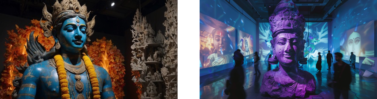 The image on the left shows a close-up of a vividly painted blue statue with multiple faces and a crown, set against a backdrop of autumn leaves. The right side of the image depicts a dark exhibition space with visitors walking around. A large, illuminated, purple-hued statue of a head, likely from a deity figure, dominates the foreground. The background features large screens with moving images and digital projections that create a dynamic and immersive atmosphere.
