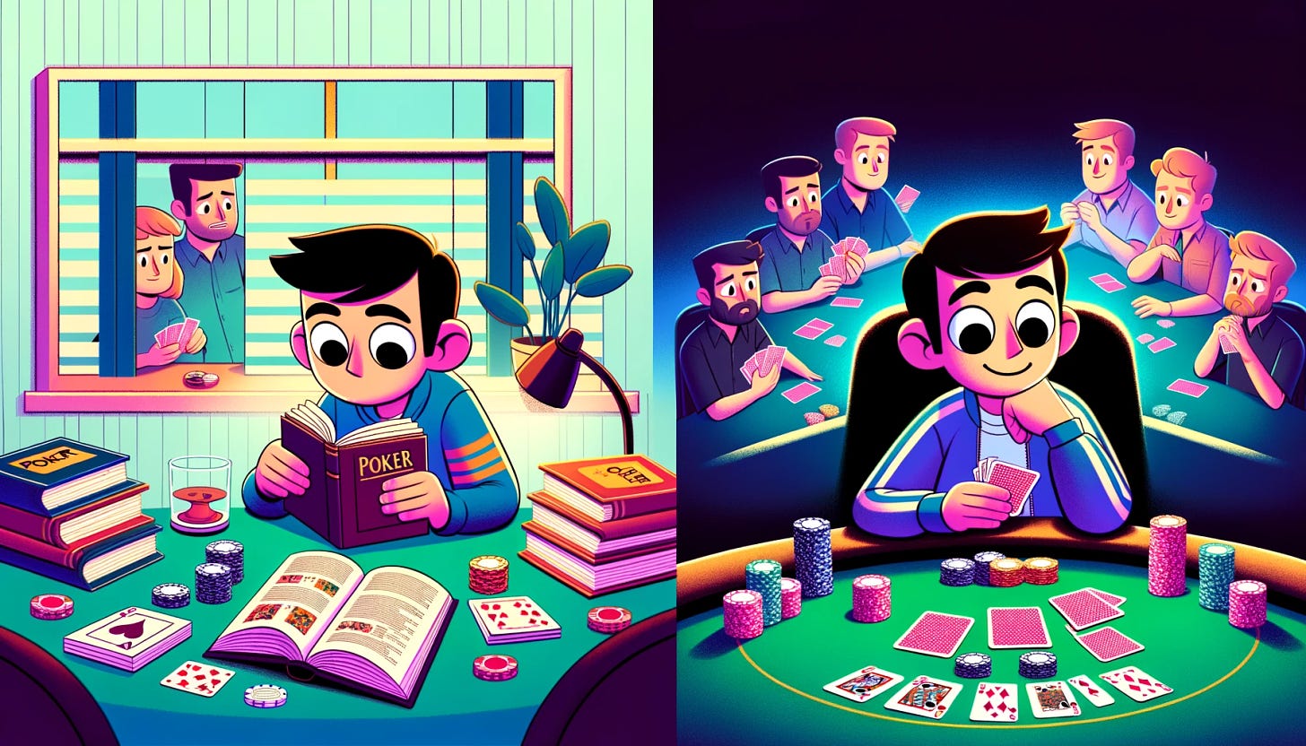 An animated-style image depicting a sequence of two scenes side by side. The first scene shows a person sitting at a table, surrounded by poker books and notes, looking slightly confused but determined, with poker cards spread out in front of them. They are studying the cards and books intently, trying to understand the game's rules and strategies. The second scene shows the same person a week or two later, now sitting confidently at a poker table with other players. They have a confident smile, holding their cards close, and there's a pile of chips in front of them, indicating their improvement and success in the game. The scenes are vibrant, colorful, and full of animated life, clearly showing the progression from a novice learner to a confident player.