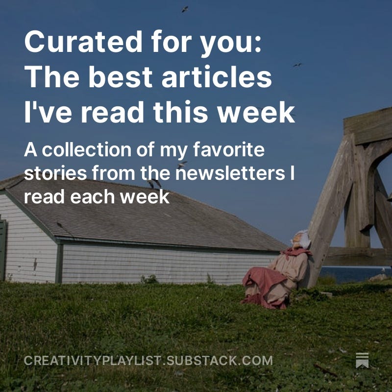 Promo image for my latest newsletter "Curated for you: The best articlews I've read this week. A collection of mhy favorite stories from the newsletters I read each week. creativityplaylist.substack.com" with a photo of a woman in traditional 1800s clothing leaning against a bell post.