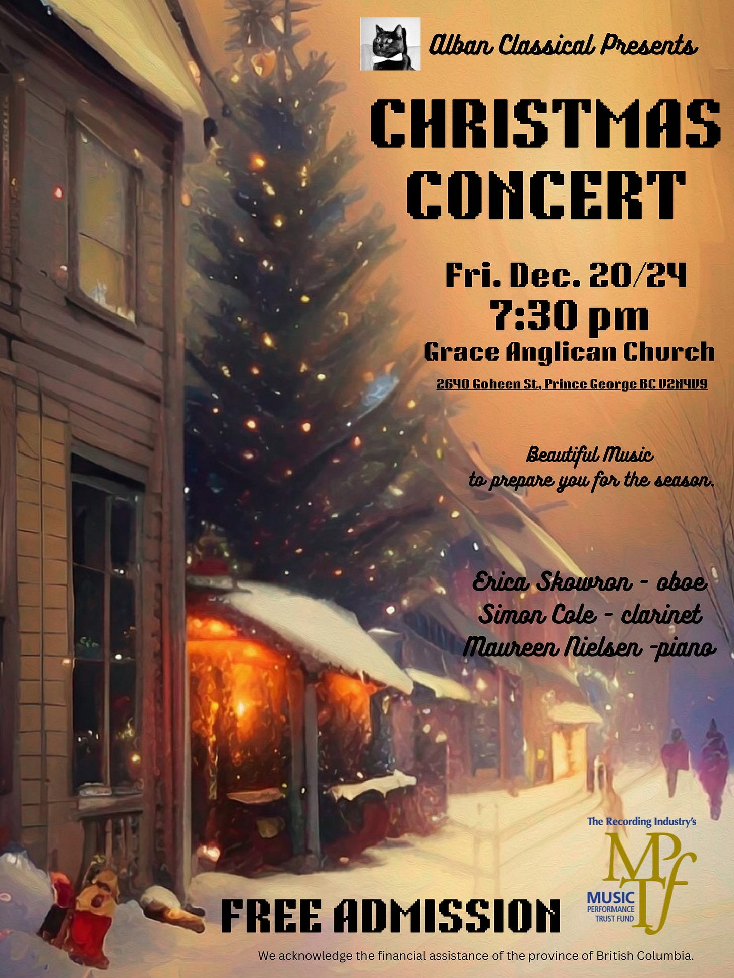 May be an image of 1 person, flute and text that says 'alban Classical Presents CHRISTMAS CONCERT Fri. Dec. 20/24 7:30 7:30pm pm Grace Anglican Church 2640GoheenSt_PrinceorgeBCUr Beautiful иblи prepare you for the 6eabon. SimonCole- Simon Cole een niels Nielsen- enNielsen-piano piano The Recording Industry's FREE ADMISSION MUSIC PERFORMANKE M FUND TELATEUN TRUST Meeectetet/emiem We eacknowledge the financial assistance the ίcε of British Columbia.'