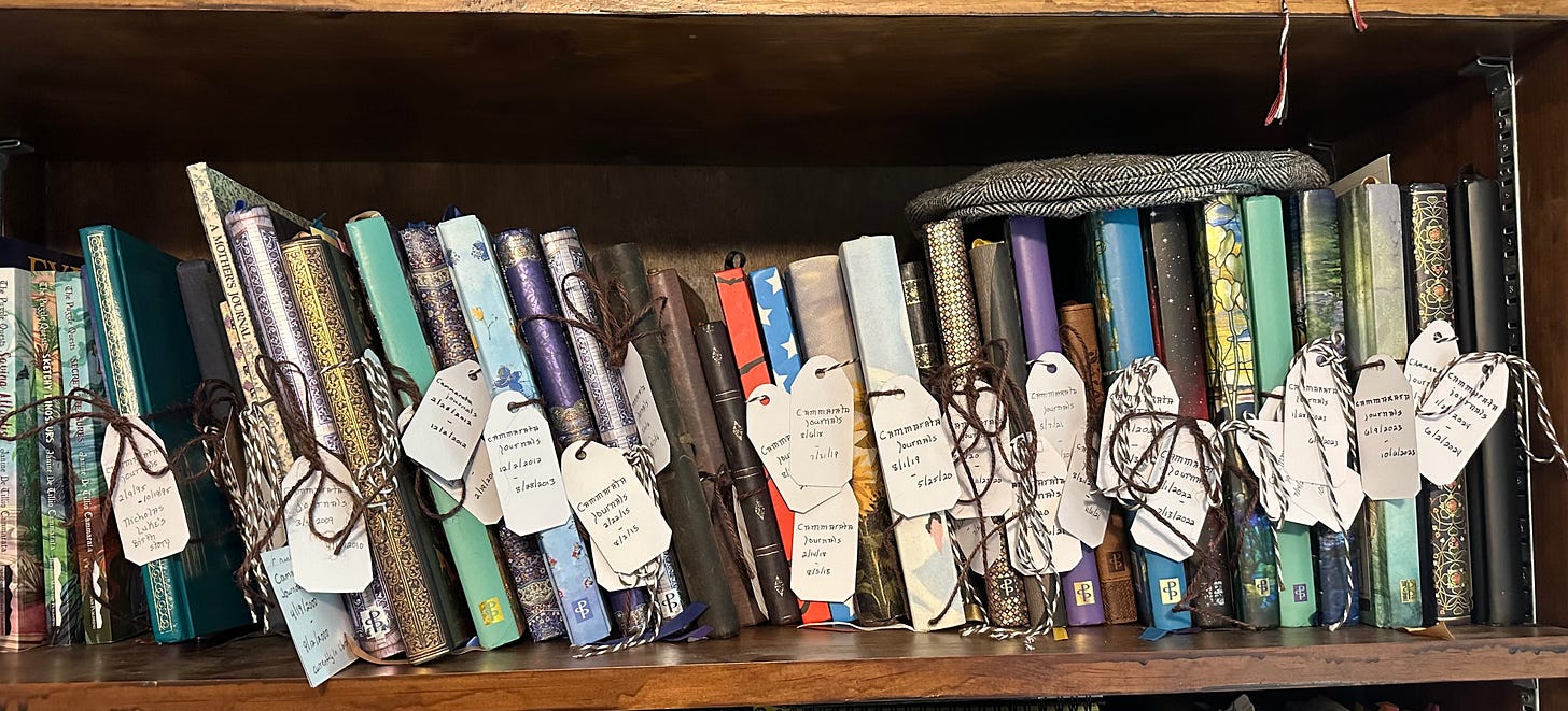 journals on a bookshelf