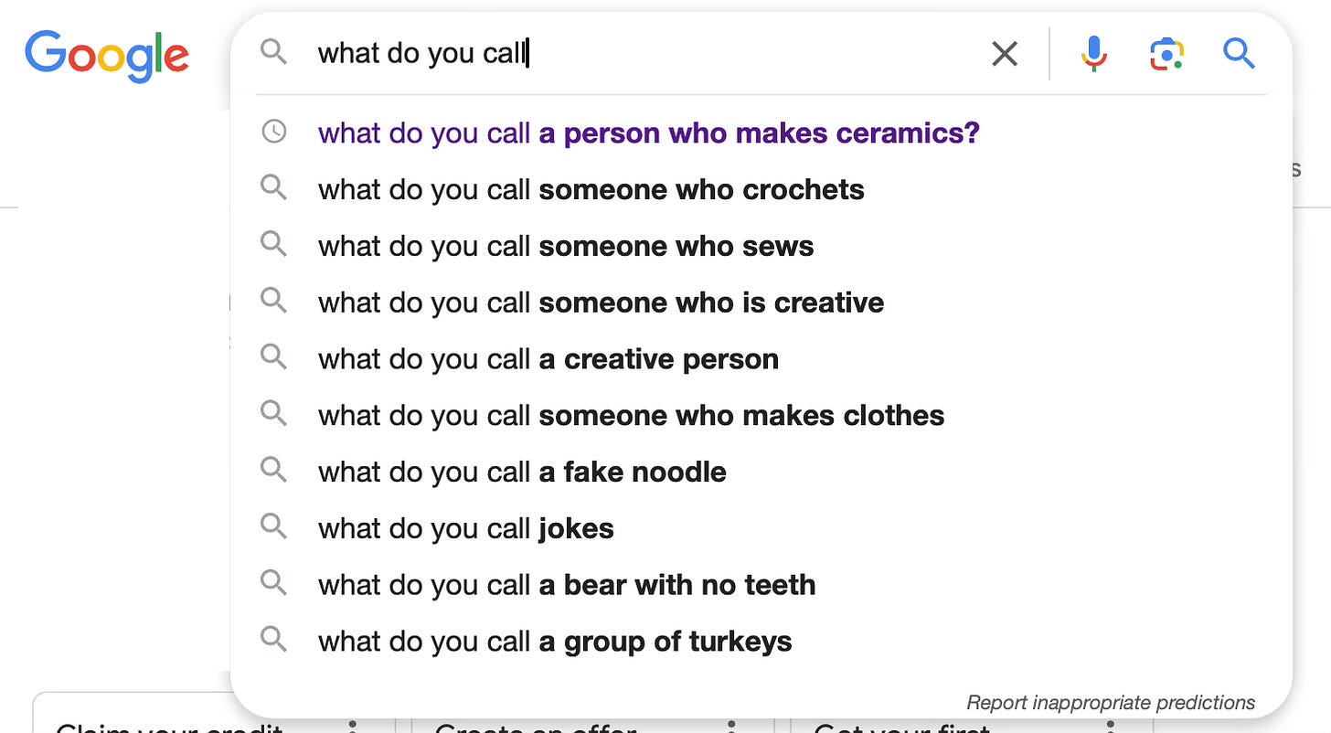 A list of predicted Google search questions, based on the phrase, "what do you call..." The last four predictions on the list include: What do you call a fake noodle, what do you call jokes, what do you call a bear with no teeth, and what do you call a group of turkeys?