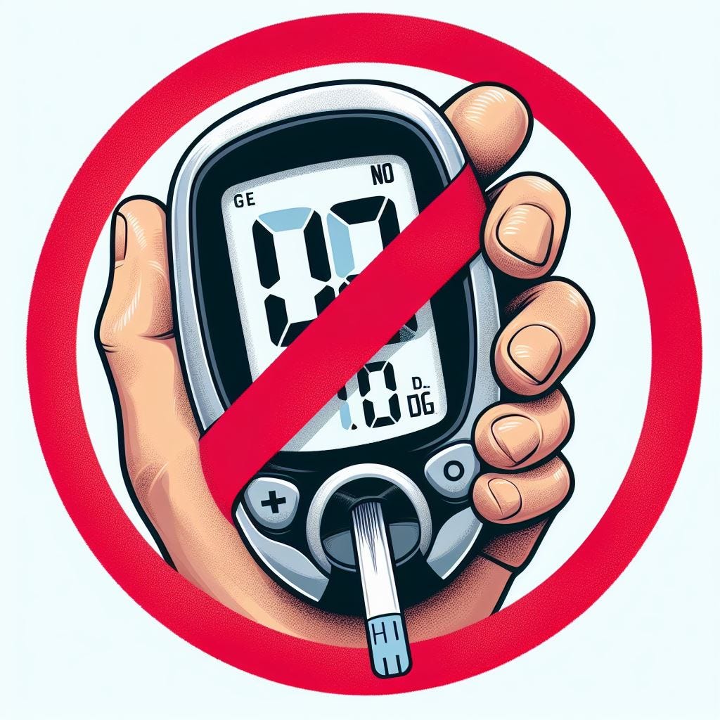 A glucometer with a big red "No!" circle on top. Image by Bing.