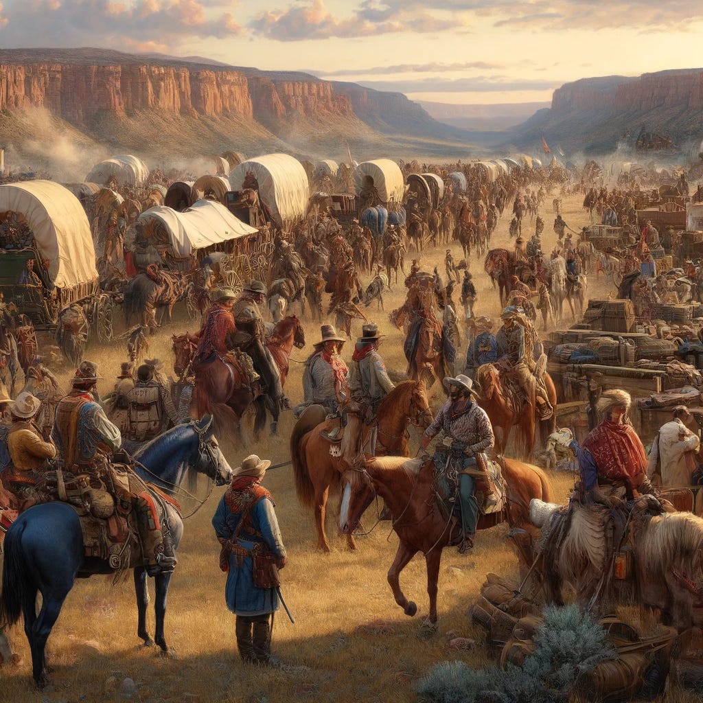 Imagine a detailed scene of a warrior party from the 19th century, setting out on a mission from Cimarron, New Mexico. This group is comprised of over three hundred mounted troops, alongside seventy-two Ute and Jicarilla Apache scouts and auxiliaries. The scene shows the warriors and scouts, some accompanied by women, all preparing for the expedition. They are surrounded by a large convoy of twenty-seven wagons loaded with supplies, including six thousand rounds of ammunition, and two twelve-pounder mountain howitzers mounted on special carriages. The atmosphere is one of serious preparation and determined readiness, with the warriors and auxiliaries displaying their weapons and gear. The landscape around them is the rugged terrain of New Mexico, under the vast, early November sky. This image aims to capture the essence of a 19th-century warrior party, ready for the challenges ahead, with a focus on the historical accuracy of their attire, equipment, and the anticipation of the expedition.