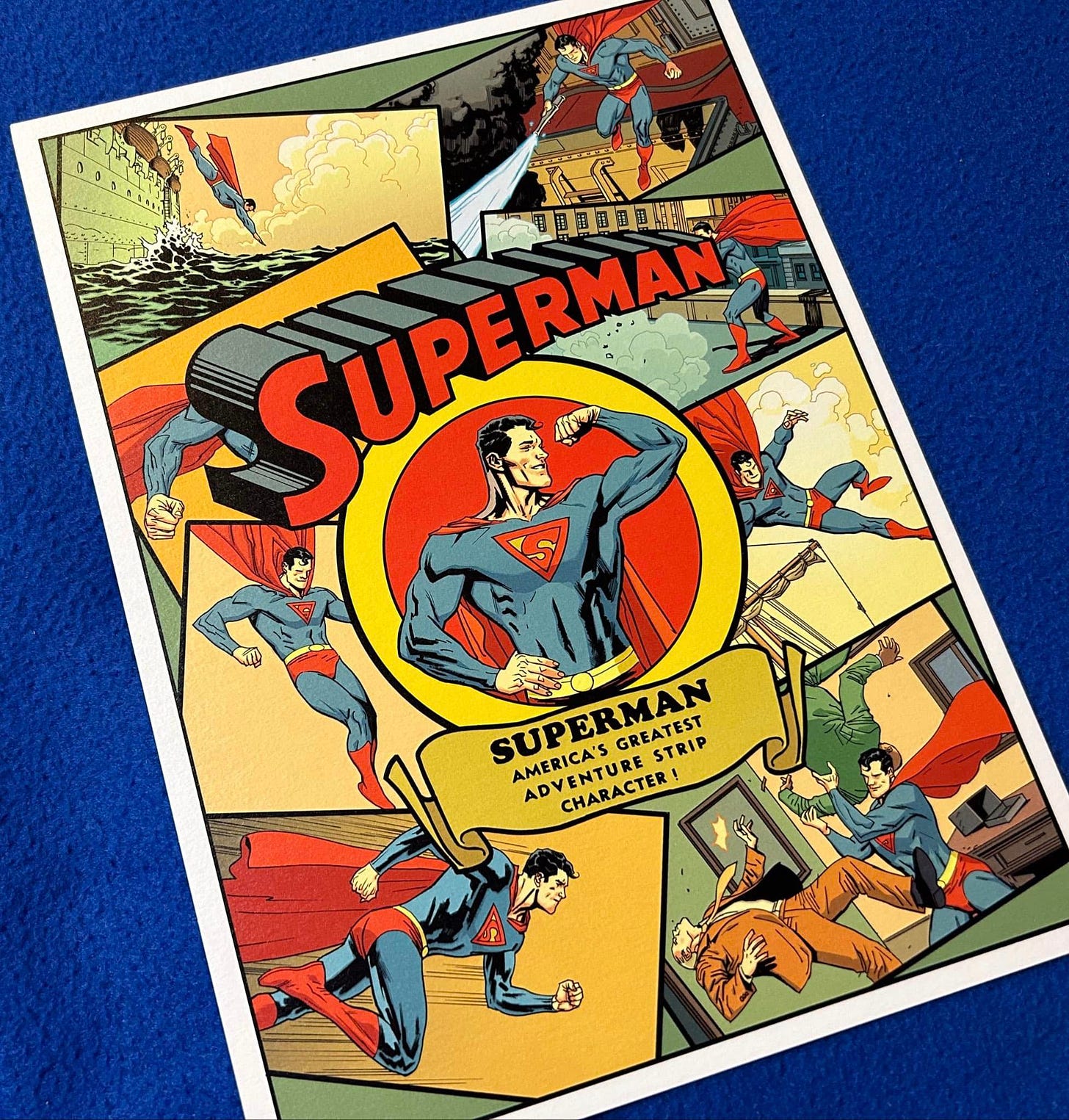 May be an image of Superman and text that says 'SUPERMAN SUPERMAN OD33 SUPERMAN SUP GREATEST STRIP AMERICA'S DVENTURE CHARACTER!'