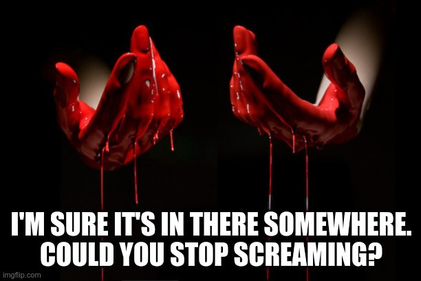 bloody hands | I'M SURE IT'S IN THERE SOMEWHERE.
COULD YOU STOP SCREAMING? | image tagged in bloody hands | made w/ Imgflip meme maker