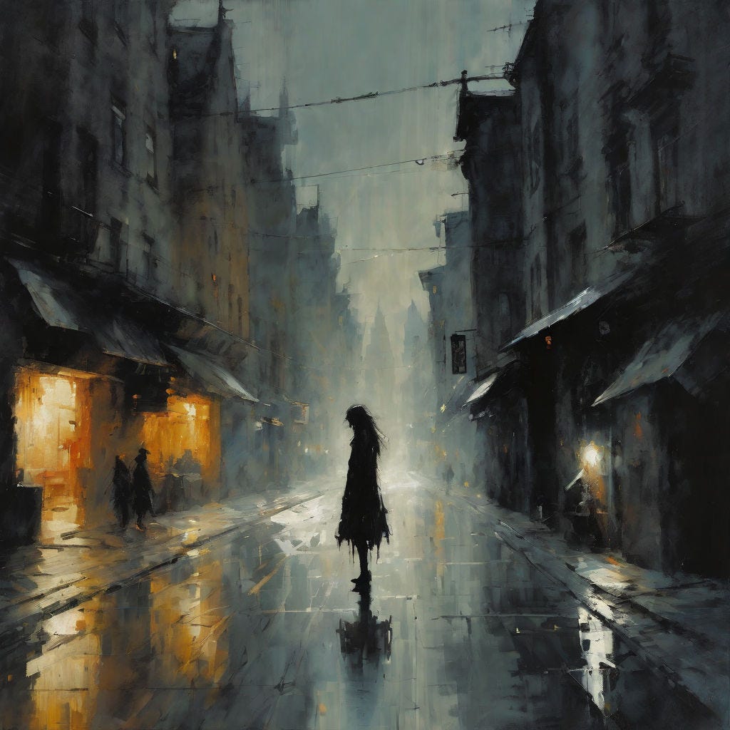 a lonely passerby walking in the rain on a city street at night" -  Playground