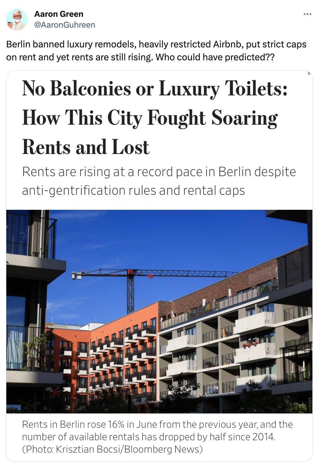  Aaron Green @AaronGuhreen Berlin banned luxury remodels, heavily restricted Airbnb, put strict caps on rent and yet rents are still rising. Who could have predicted??